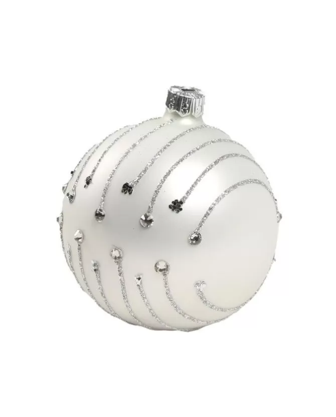 1Pz Pallina In Vetro Decorata A Mano Bianco Opaco 80Mm>* Online