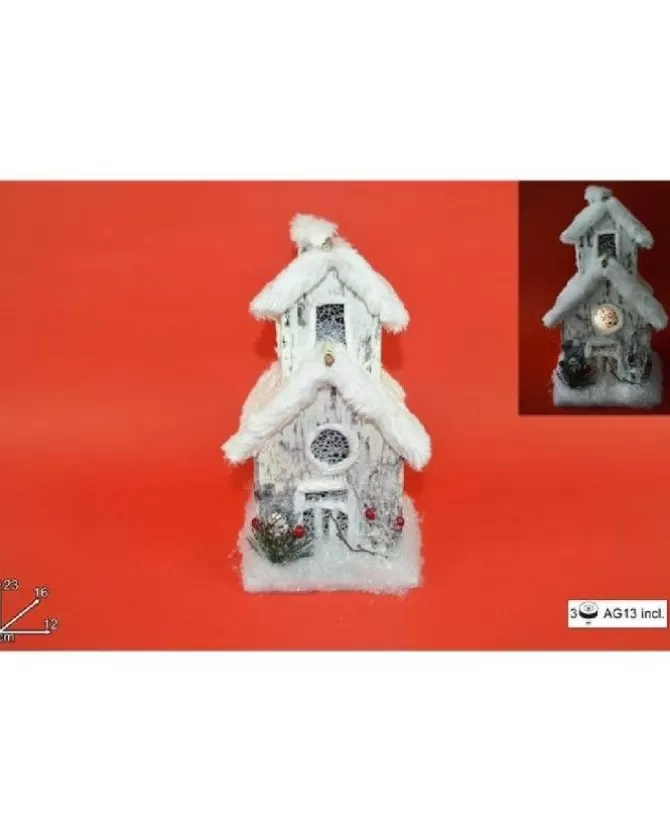 Addobbo Casa Doppio Tetto Con Luce E Pelliccia Effetto Neve 23 Cm>* Discount