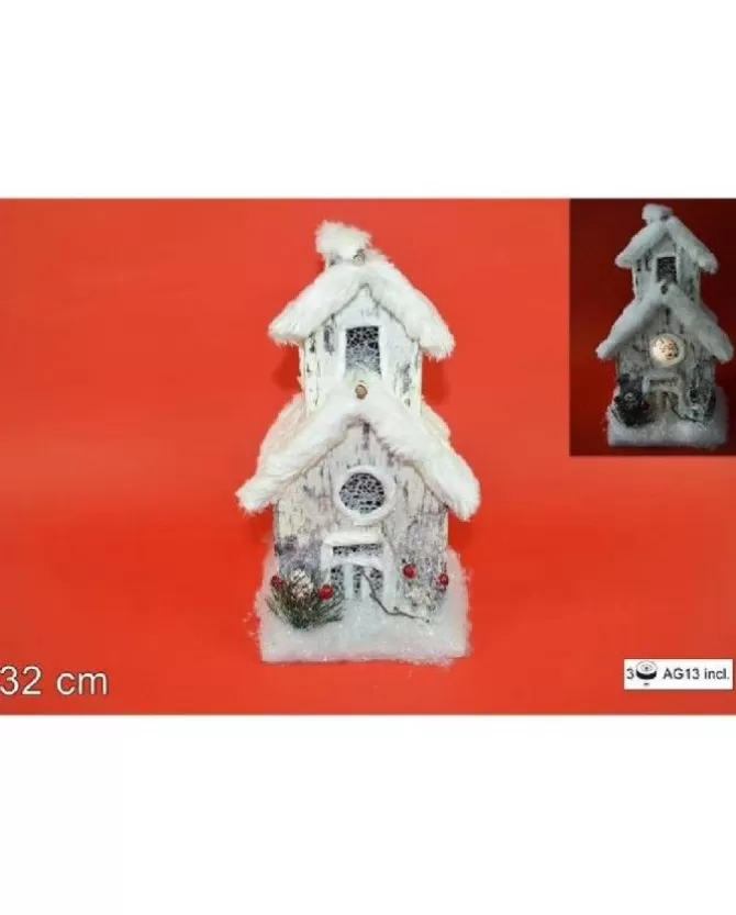 Addobbo Casa Doppio Tetto Con Luce E Pelliccia Effetto Neve 32 Cm>* Clearance