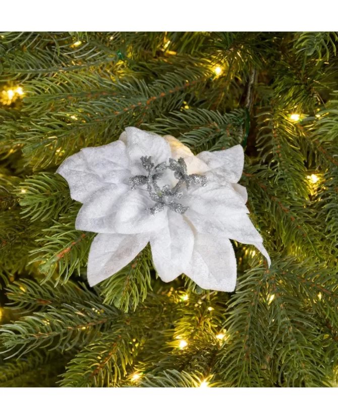 Fiore Poincettia Bianca Vellutata 16 Cm Su Clip Con Glitter>KAEMING Store