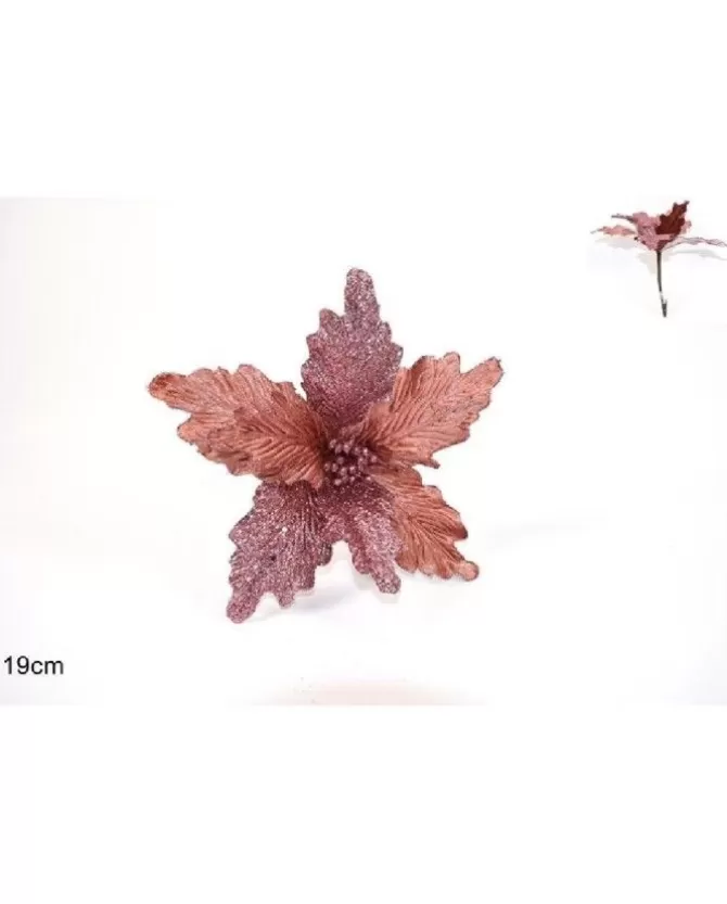 Fiore Rosa Antico Velluto Con Foglie Glitterate Con Pinzetta 19 Cm>DUE ESSE CHRISTMAS New