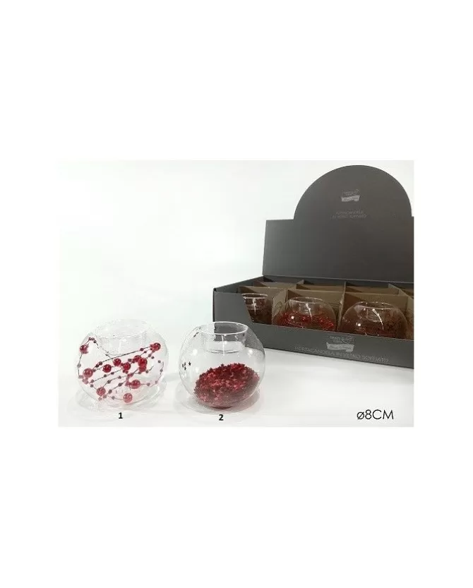 Portacandela In Vetro 8 Cm Con Perle Rosse 2 Varianti>GENERAL TRADE Cheap